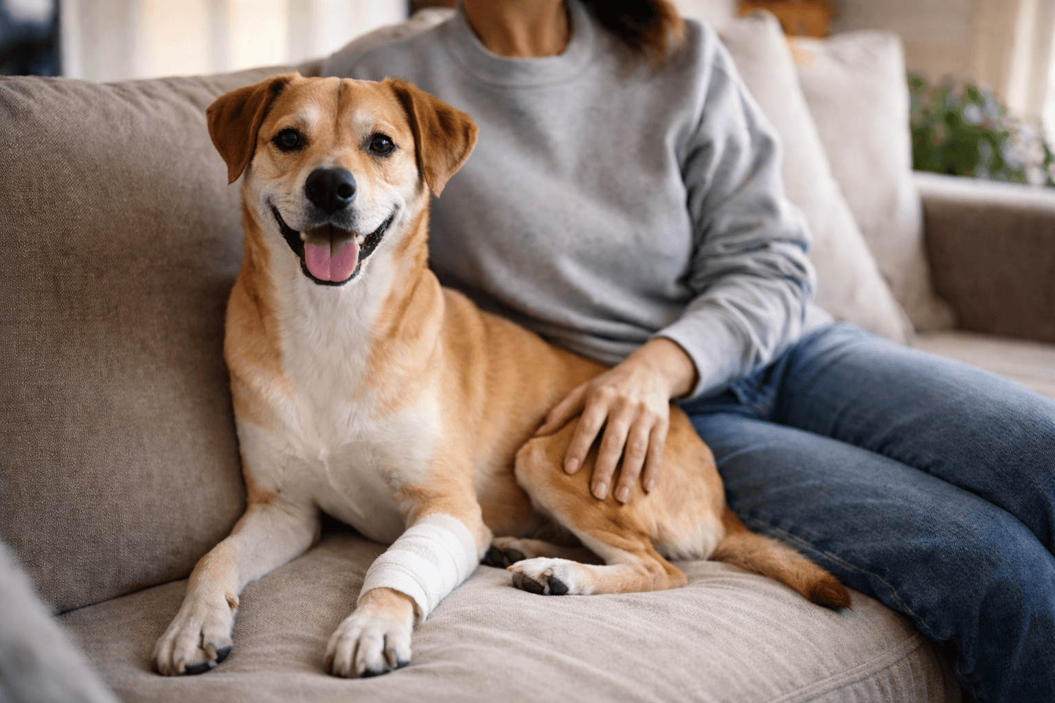 A dog with a bandage sits on the couch with its owner
