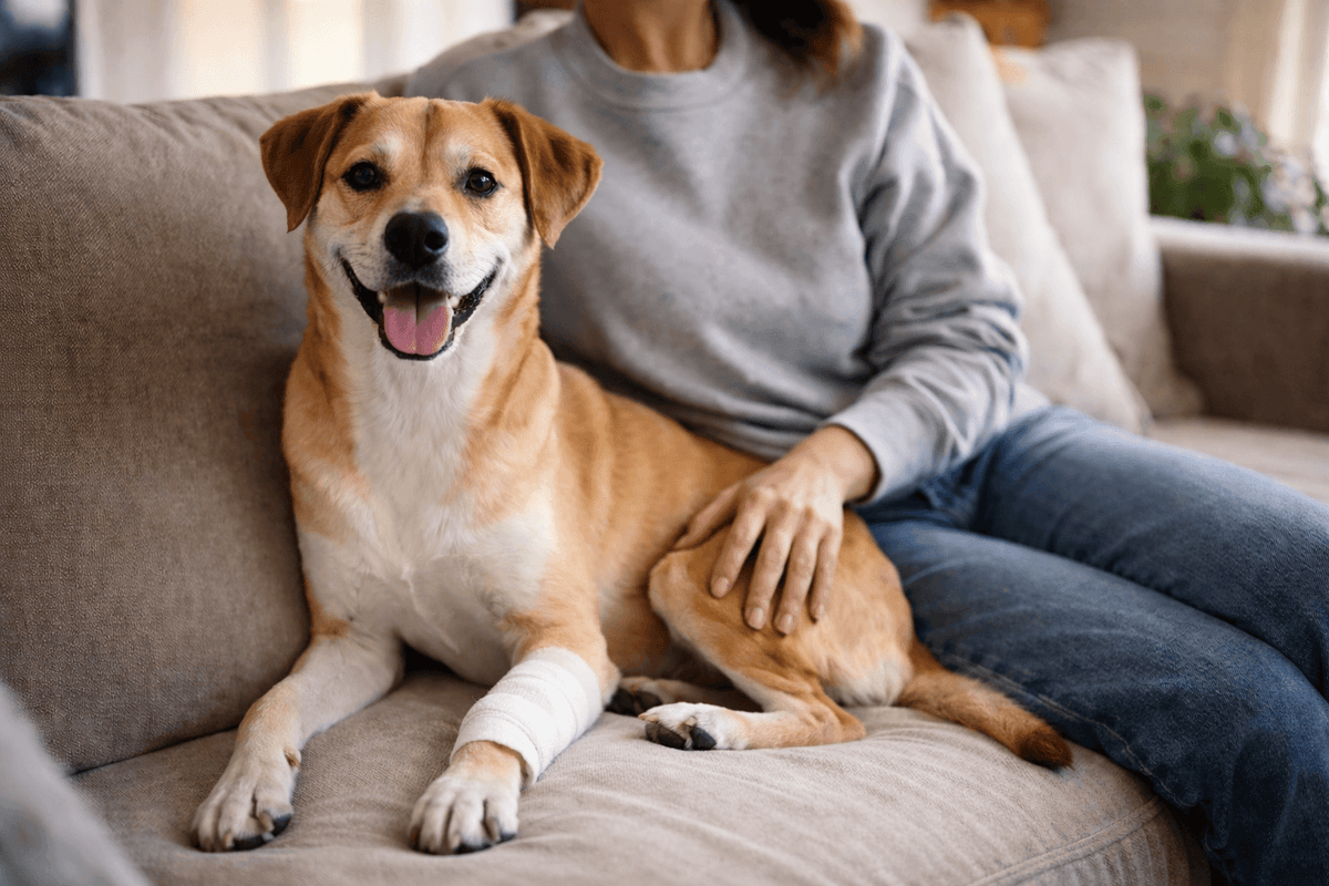 A dog with a bandage sits on the couch with its owner