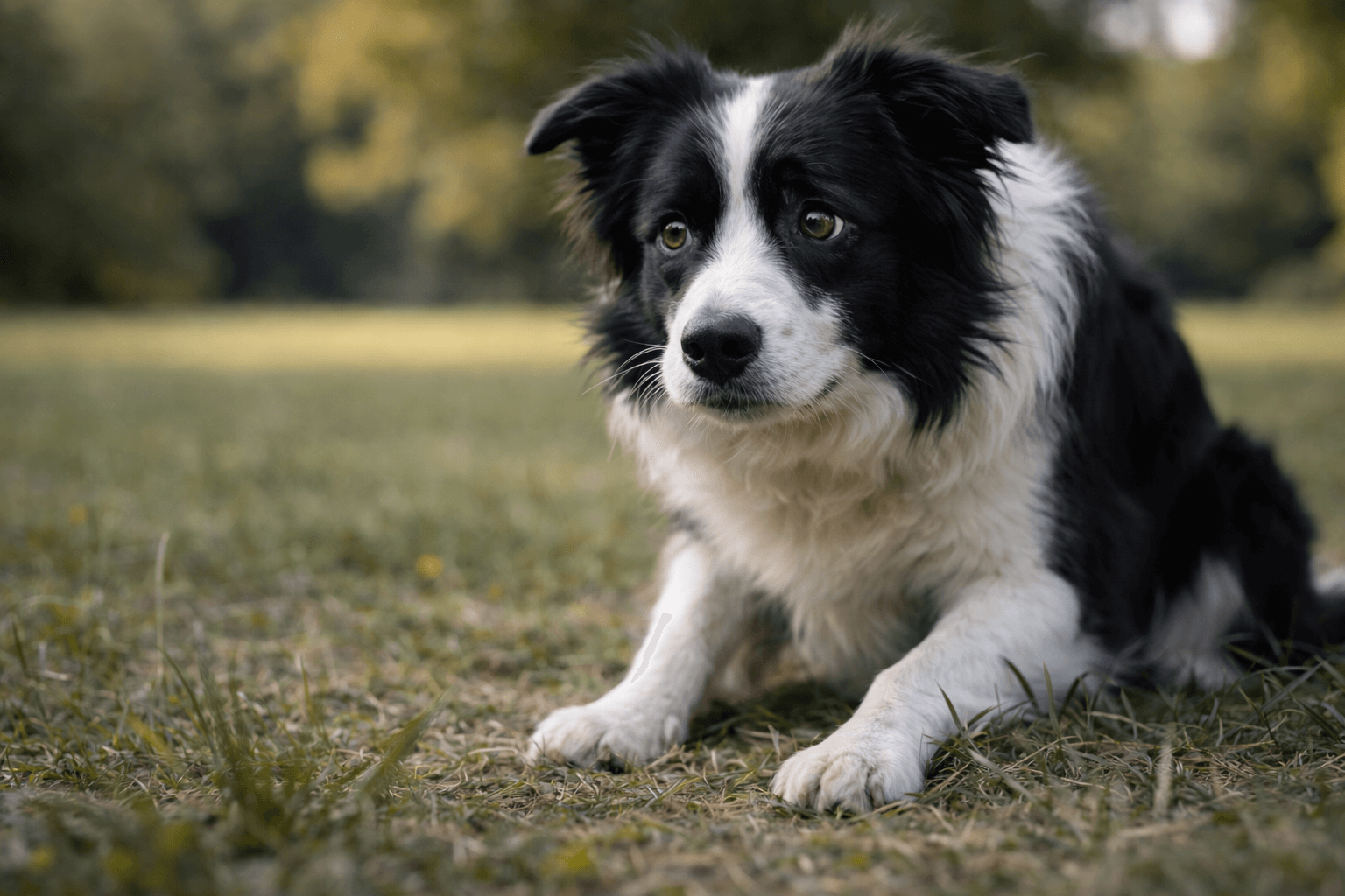 How stress affects dogs, shown by a Border Collie sitting outdoors with a tense, alert posture