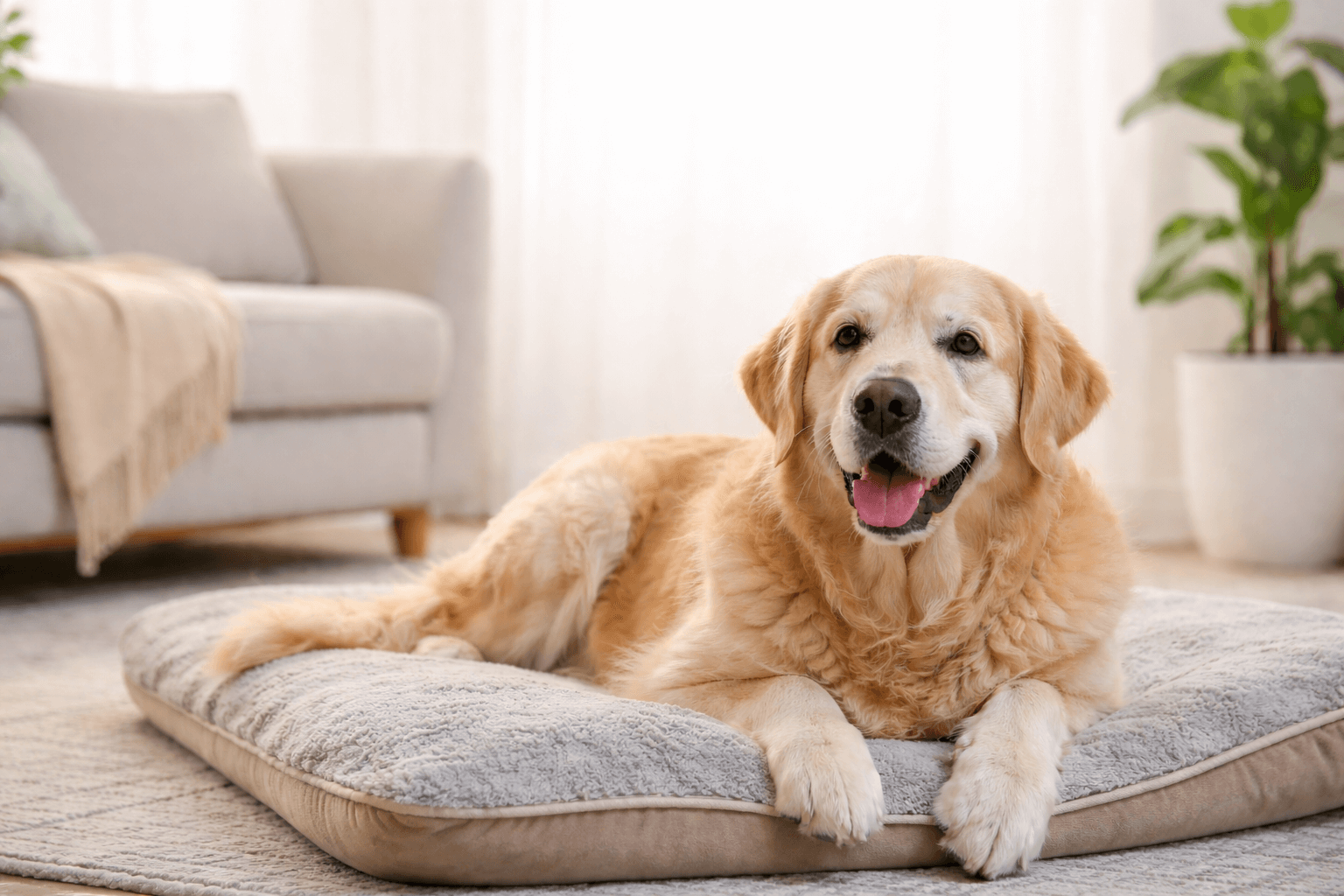 A senior golden retriever rests on a comfy bed