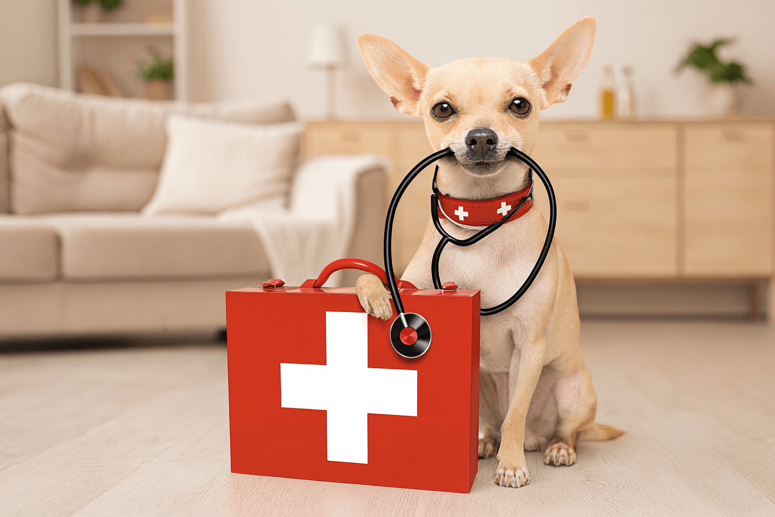 DIY pet first aid kit supplies neatly arranged on table – emergency preparedness tips for pet owners by Cuddle Cone™