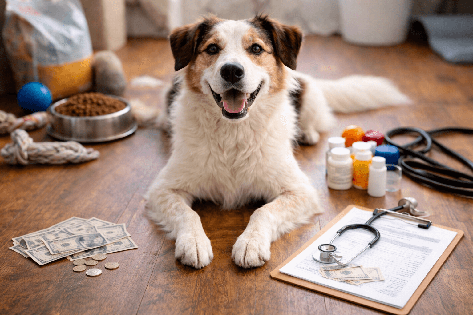 A happy dog surrounded by money, pet food, and vet supplies, illustrating the cost of caring for a dog.