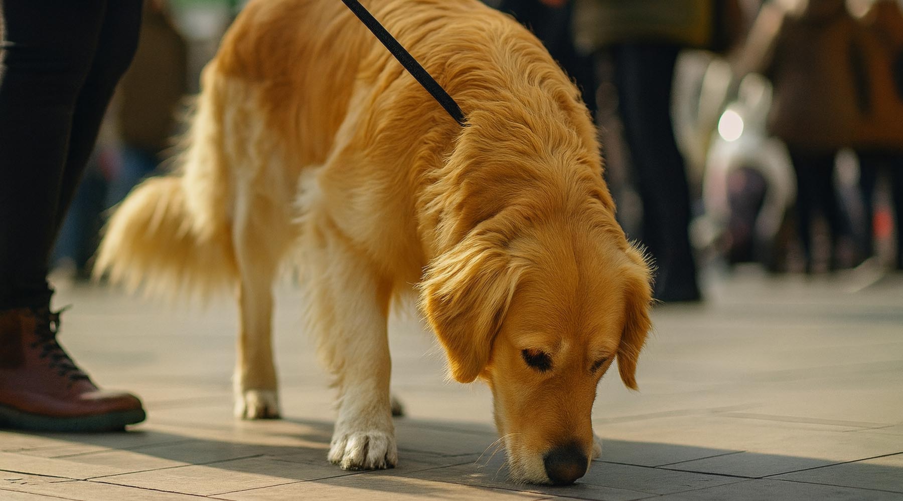 A golden retriever sniffs the ground while out on a walk