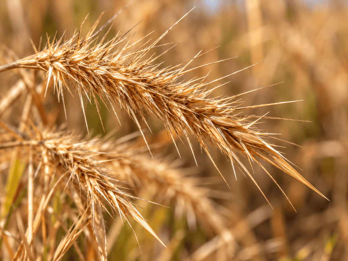 Close-up of a dry foxtail grass seed head with sharp, barbed awns in a golden field.
