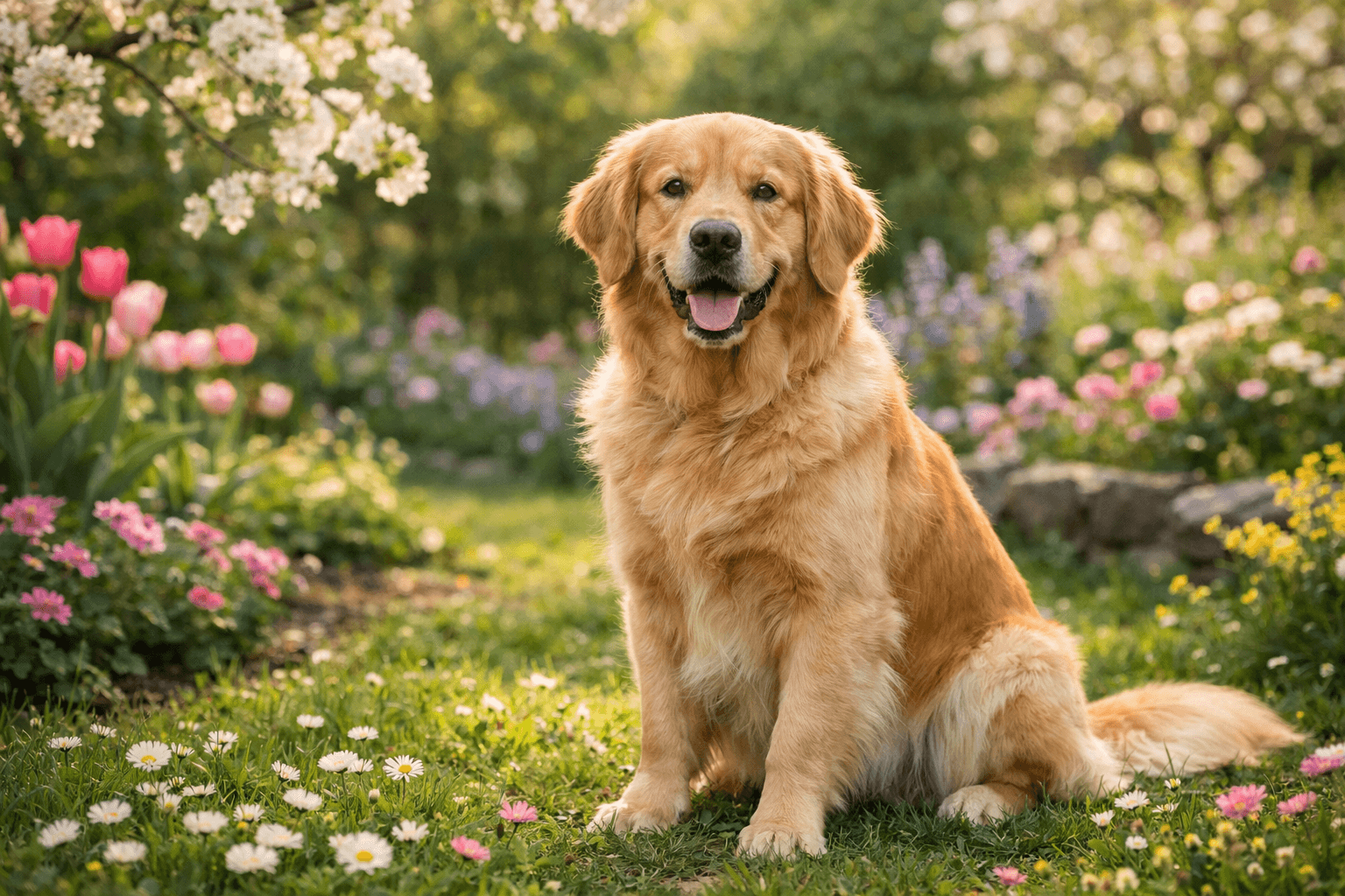 A golden retriever sits outside in a spring garden