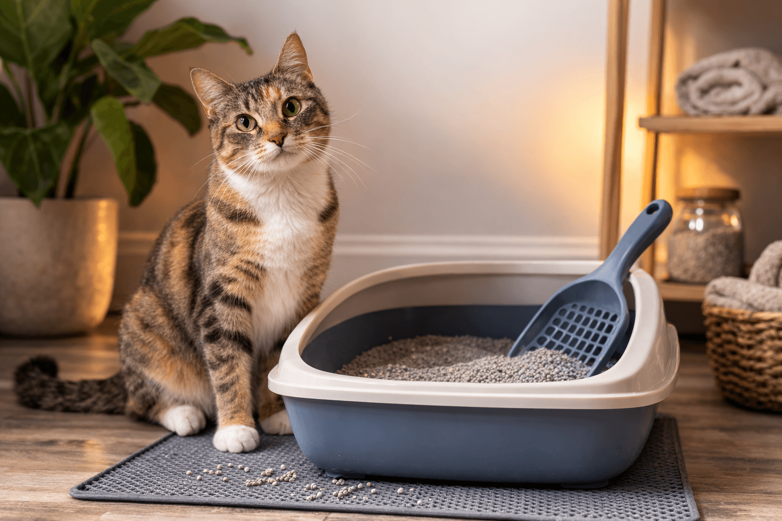 Tabby cat sitting beside a clean covered litter box on a mat in a bright, cozy home