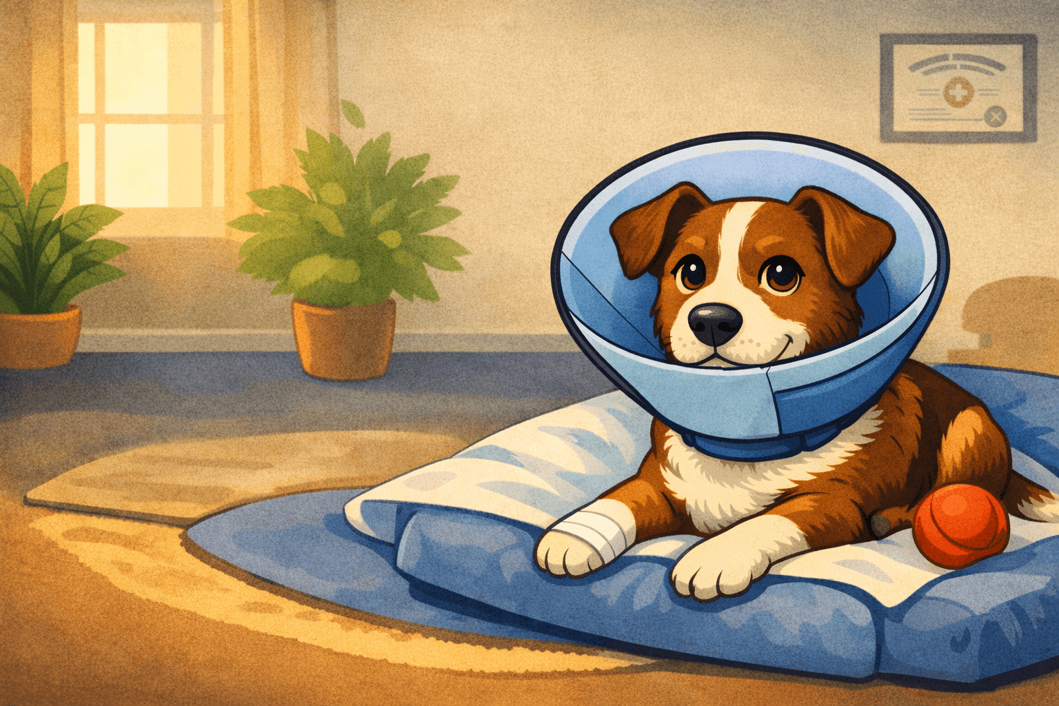 A dog with a bandaged paw and cone rests in a soft bed