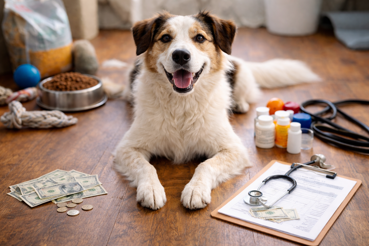 A happy dog surrounded by money, pet food, and vet supplies, illustrating the cost of caring for a dog.