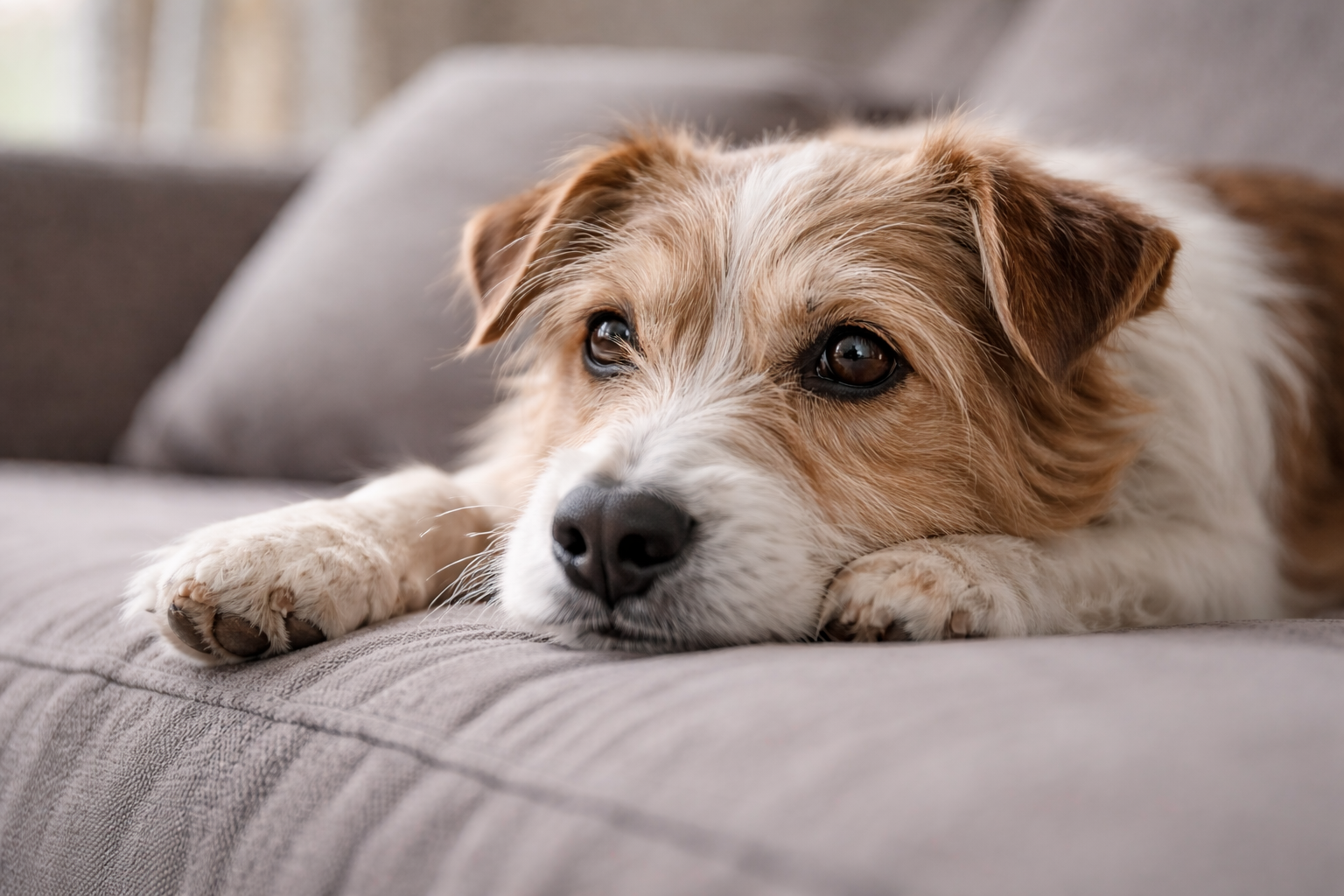 Signs your dog is in pain shown by a quiet terrier resting on a couch with a subdued expression.