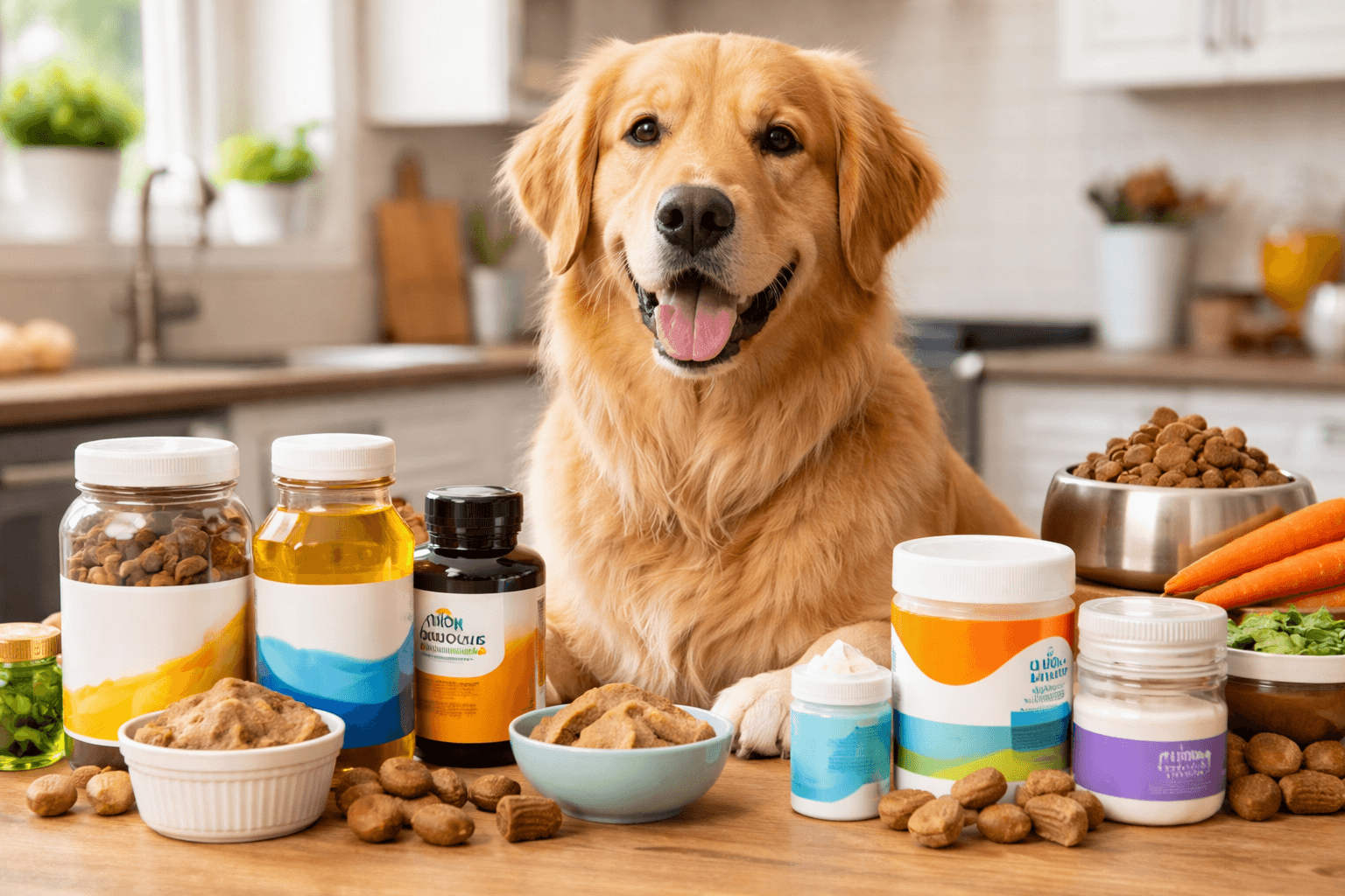 A golden retreiver sits next to dog supplements in bottles