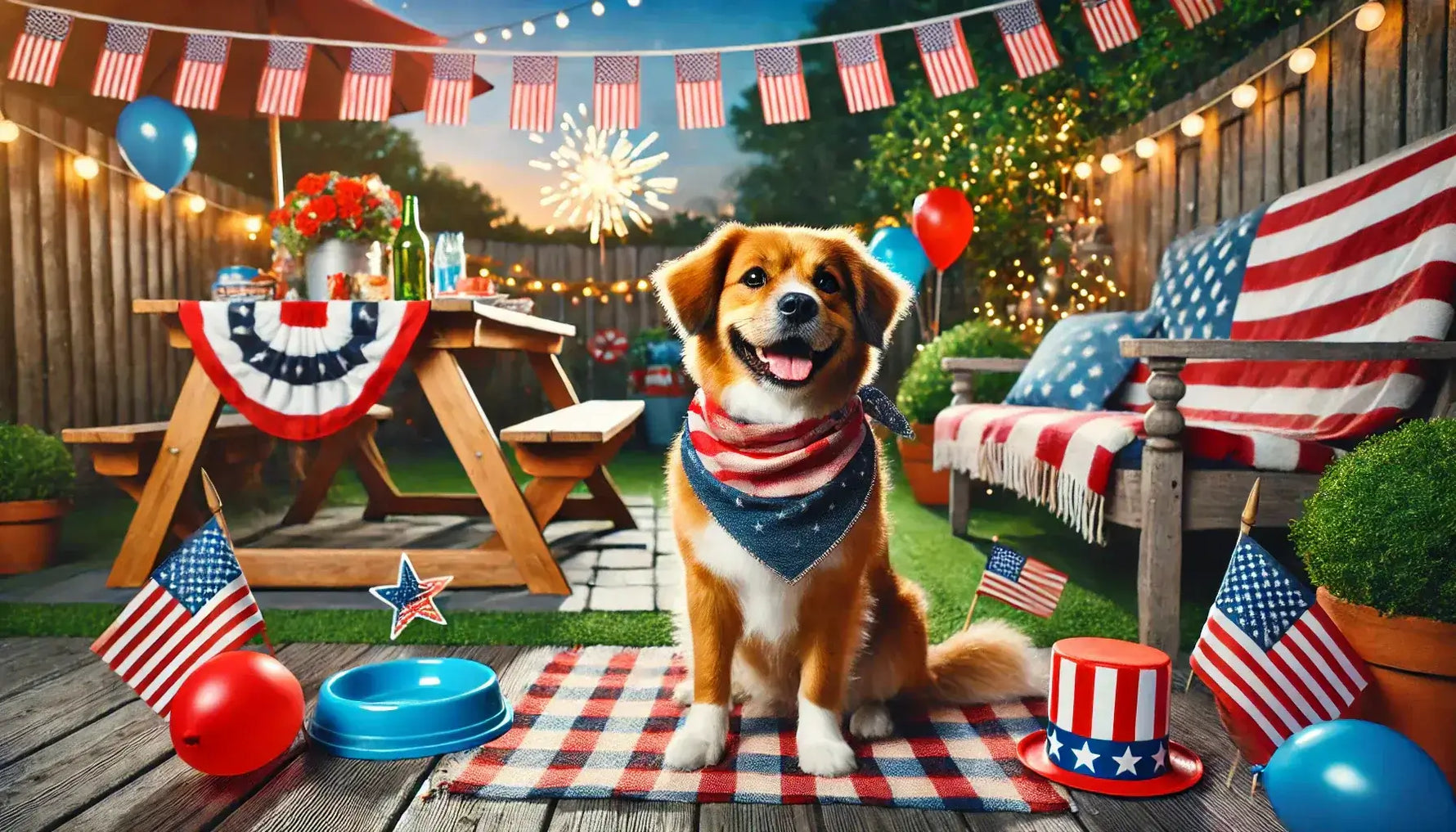 Dog wearing patriotic bandana and soft dog cone – Fourth of July pet safety tips from Cuddle Cone™