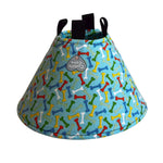 Soft dog cone in blue bone print flannel fabric with adjustable closure for secure, comfortable fit.