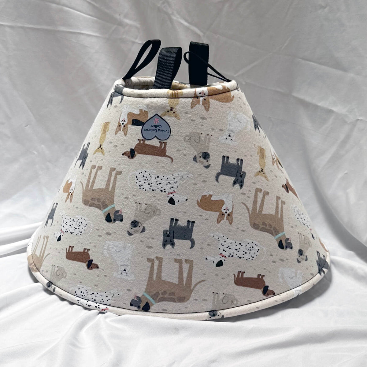 Soft Dog cone in beige dog print flannel fabric.