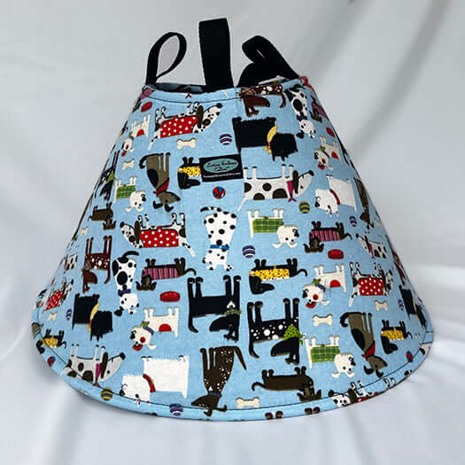 Soft dog cone made from Blue dog print – lightweight, washable recovery collar.