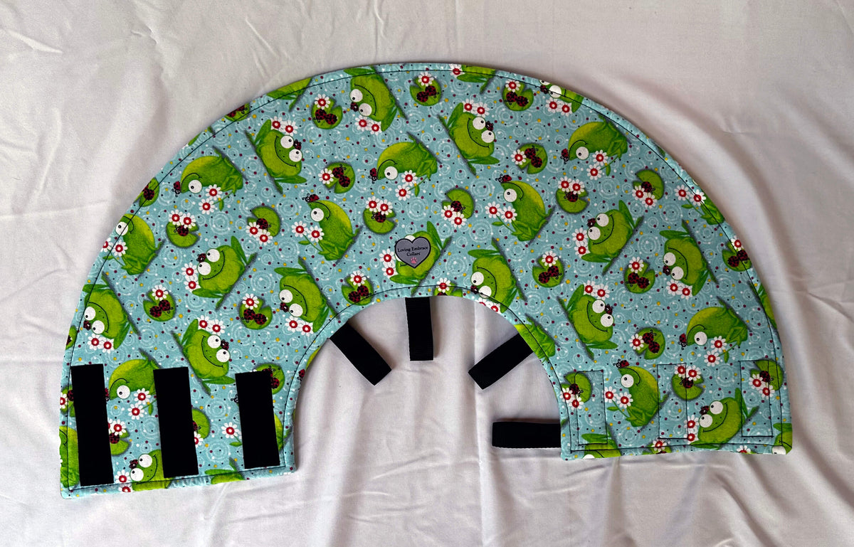 Soft Dog cone in frog print flannel fabric with adjustable Velcro closure