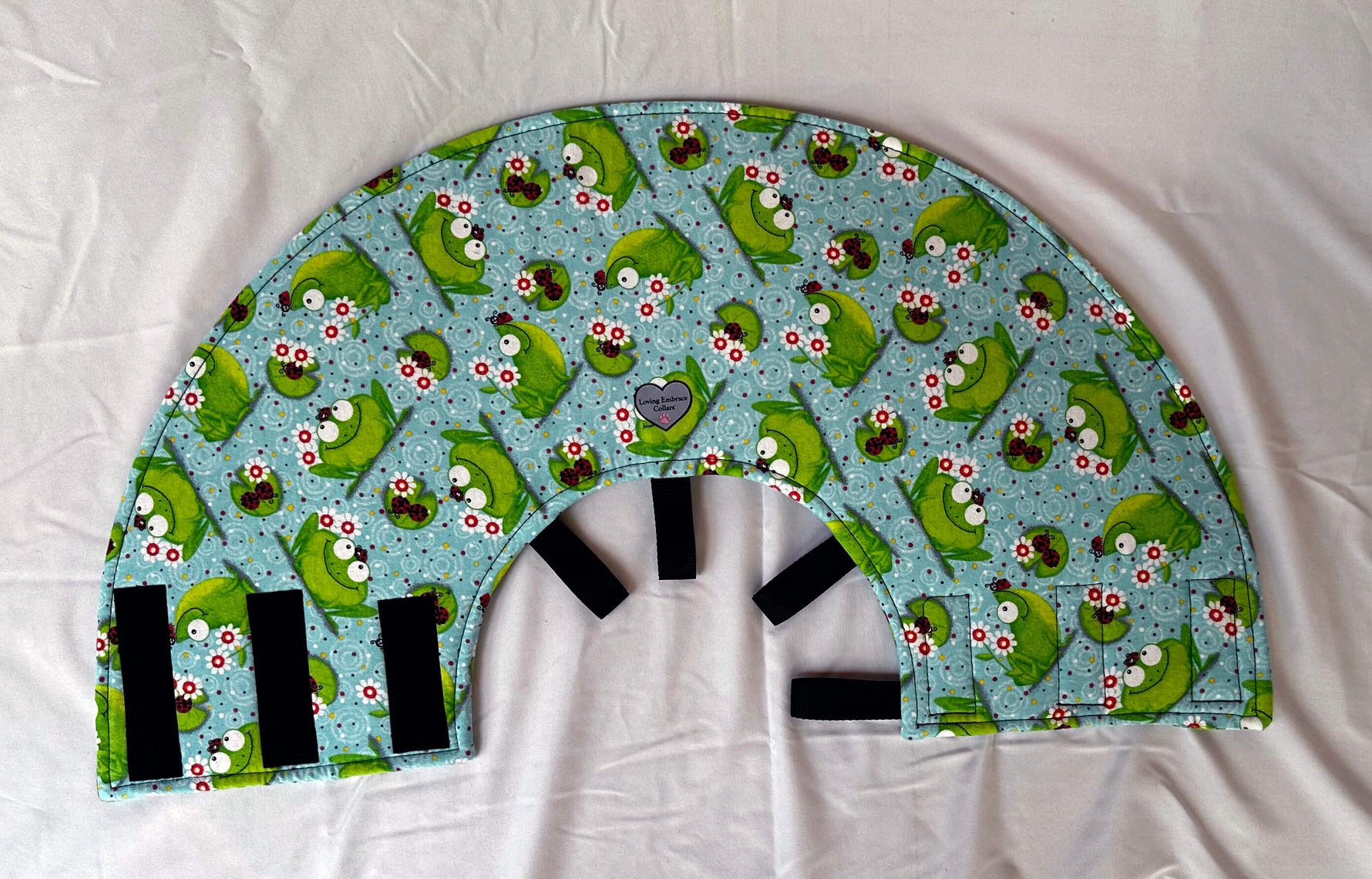 Soft Dog cone in frog print flannel fabric with adjustable Velcro closure